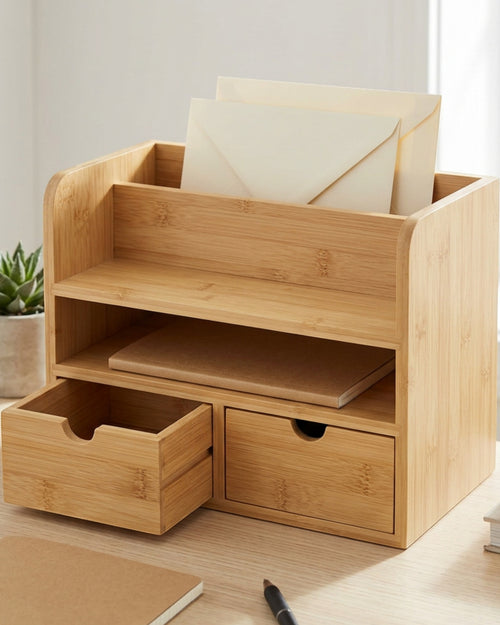 Xjvkw Bamboo Desk Organizer with Mail Slot and Two Drawers Natural - Lifestyle view