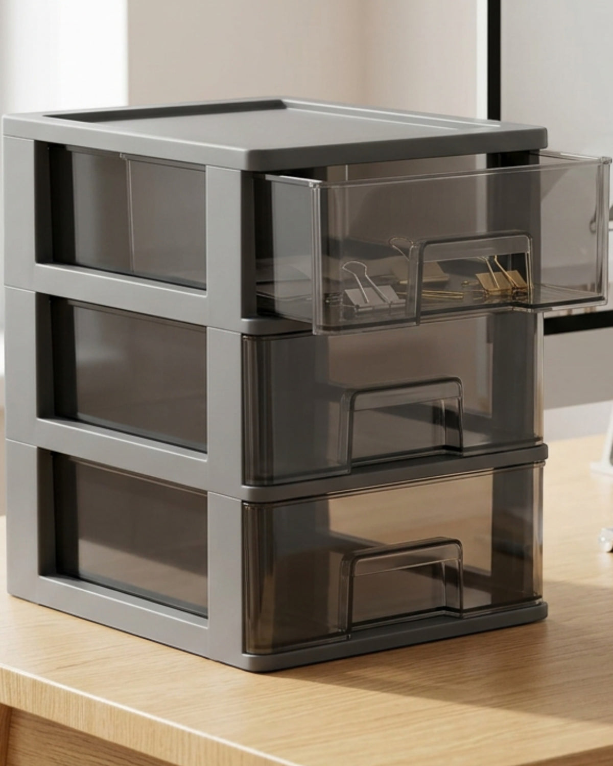 Xjvkw Stackable Desktop Organizer with Three Drawers Smoke Gray - Lifestyle view